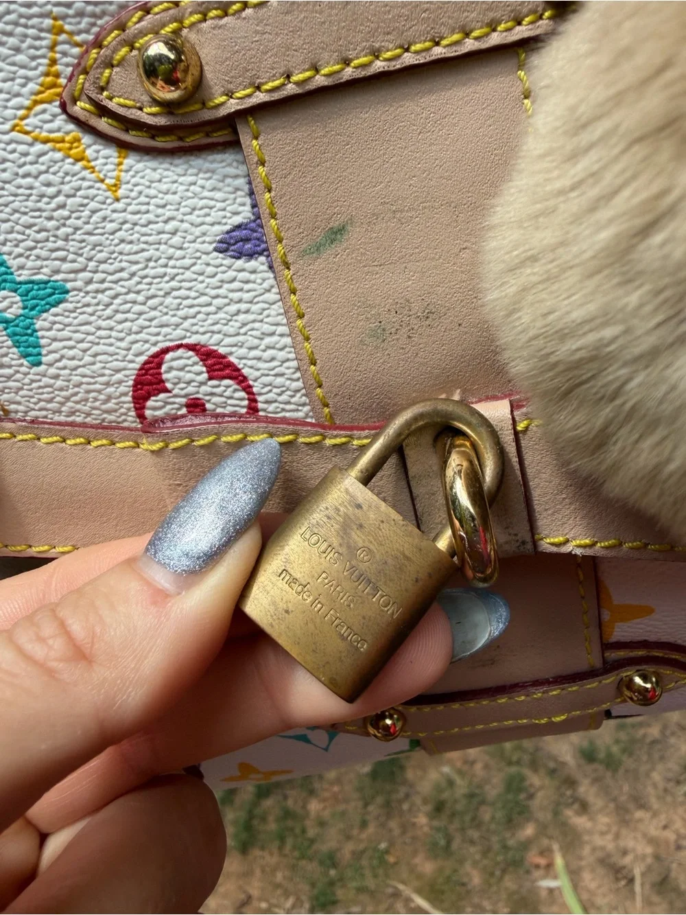 White Multicolor Monogram Satchel with Pom Charm